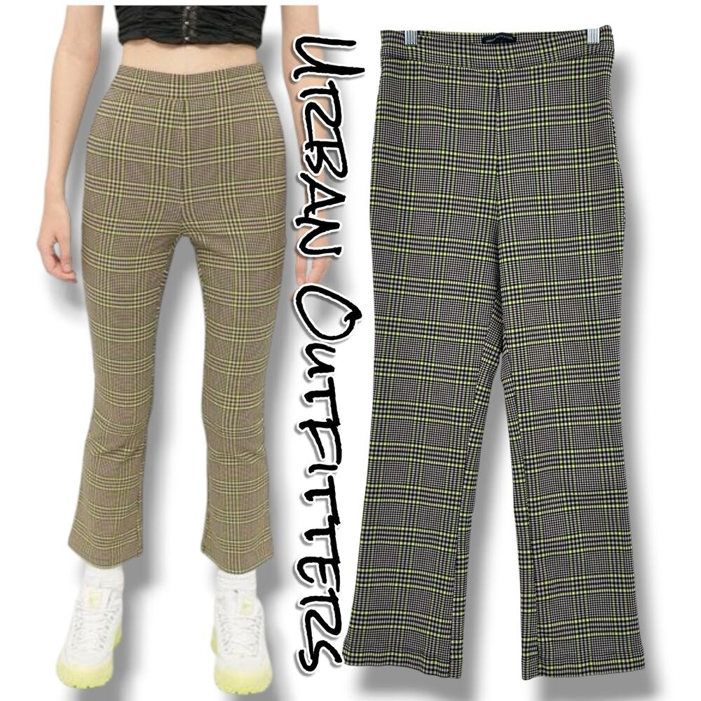 Urban Outfitters Lola Plaid Kick Flare Pants 8 Neon Green Black Y2K Grunge